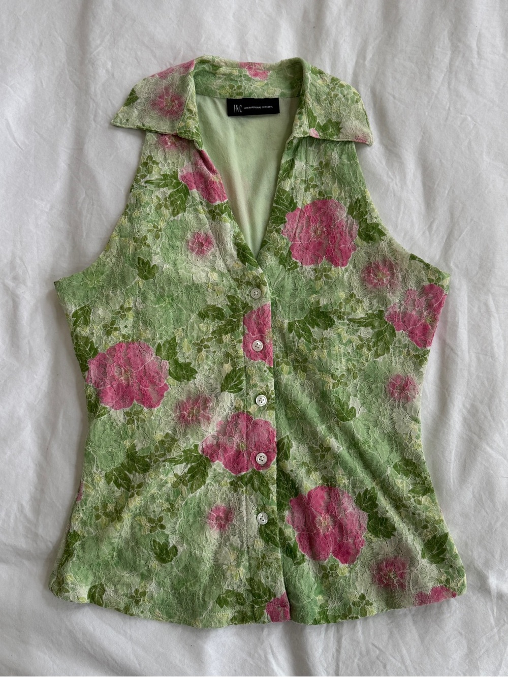 INC International Concepts Green & Pink Floral Sleeveless Button-Down Blouse XS
